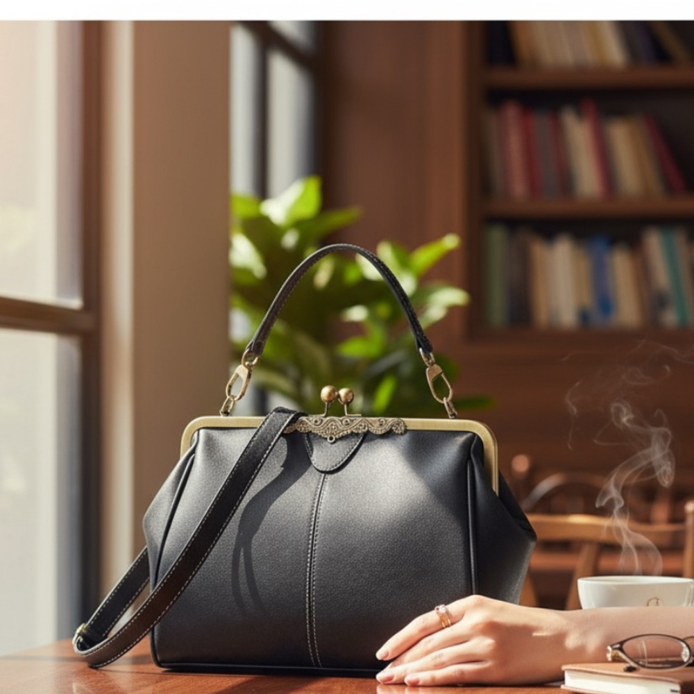 Elegant Black faux leather kiss lock Handbag! New